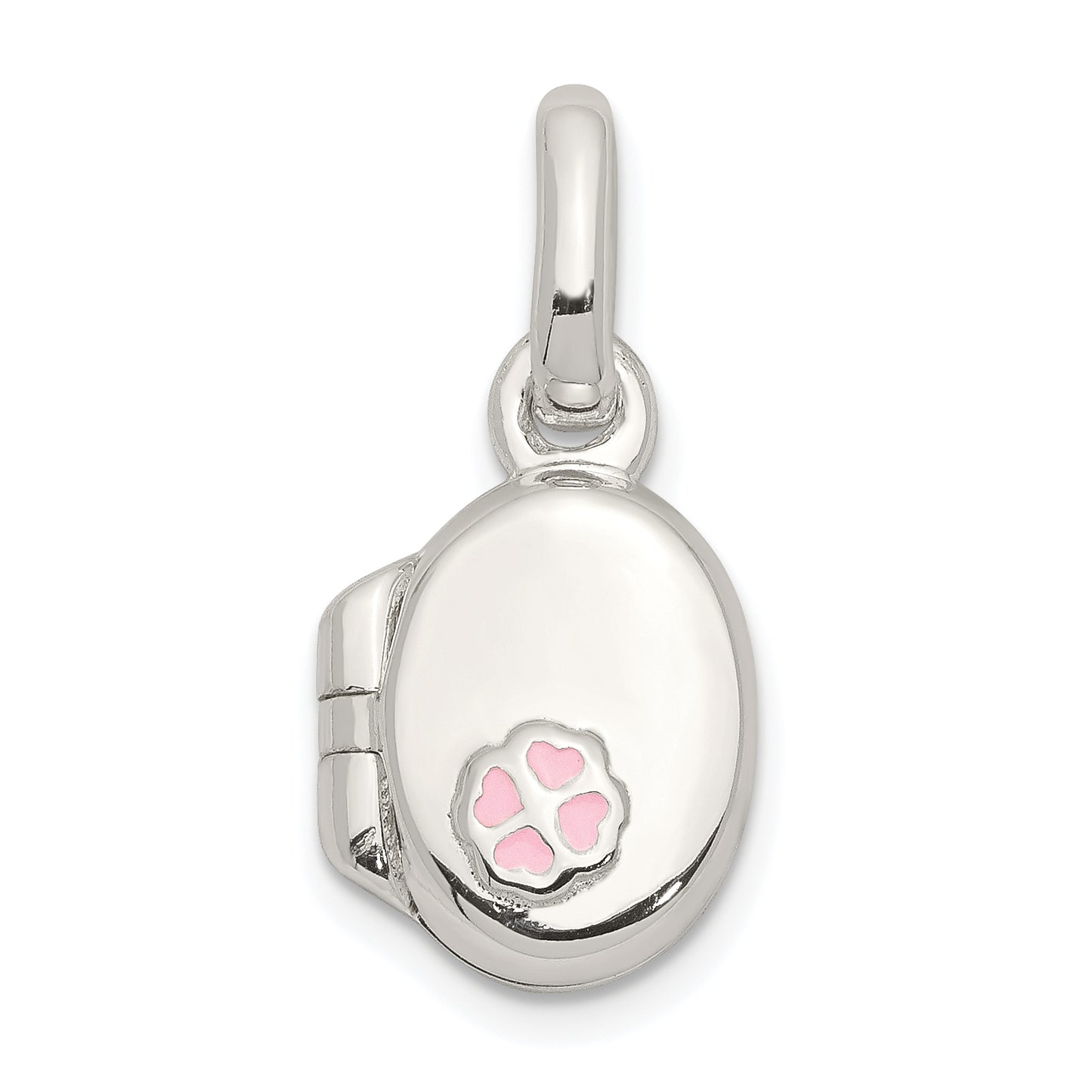 Sterling Silver Polished Pink Enamel Clover Oval Locket Children'S Pendant