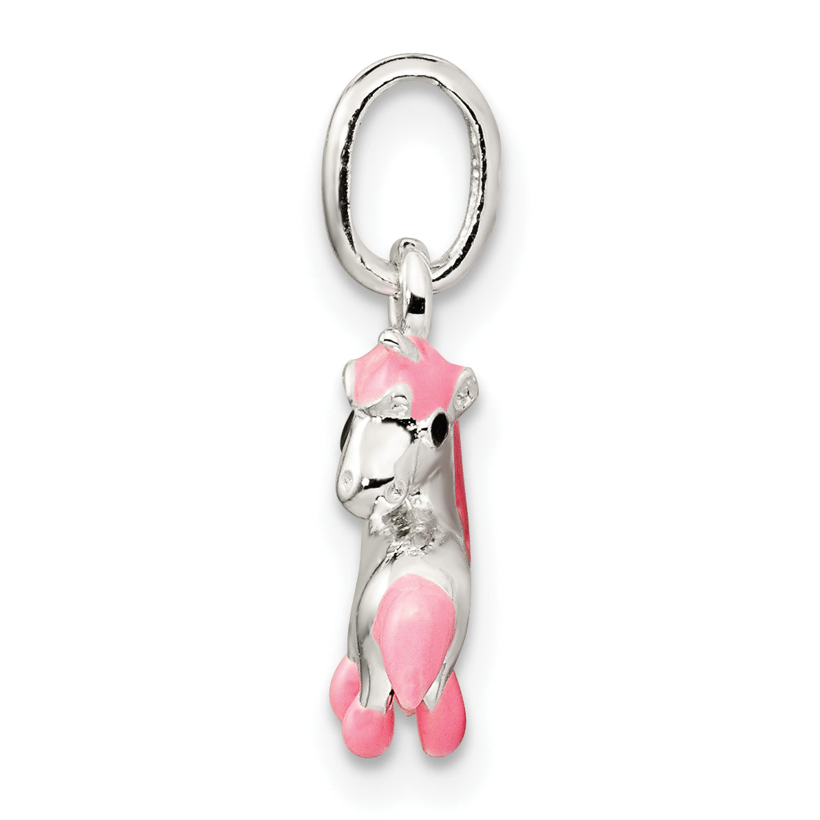 Sterling Silver Polished Pink & Black Enameled Pony Children'S Pendant