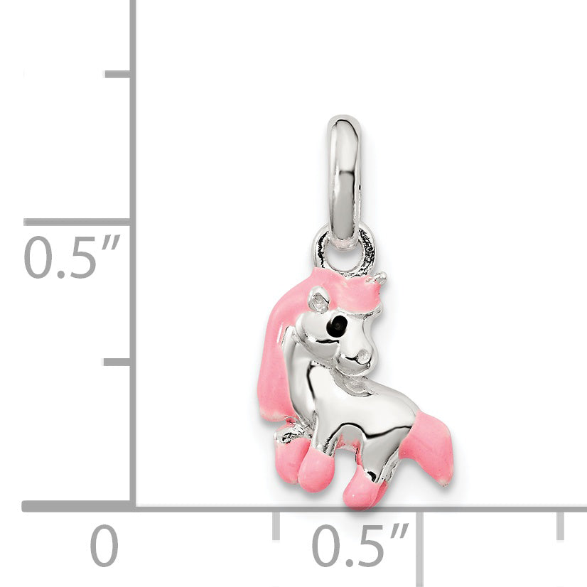 Sterling Silver Polished Pink & Black Enameled Pony Children'S Pendant