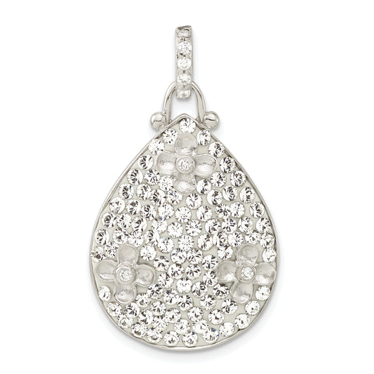 Sterling Silver Polished Cz & Crystal Flower Teardrop Pendant