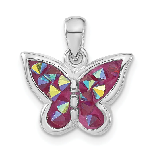 Sterling Silver Polished Pink Crystal Butterfly Pendant