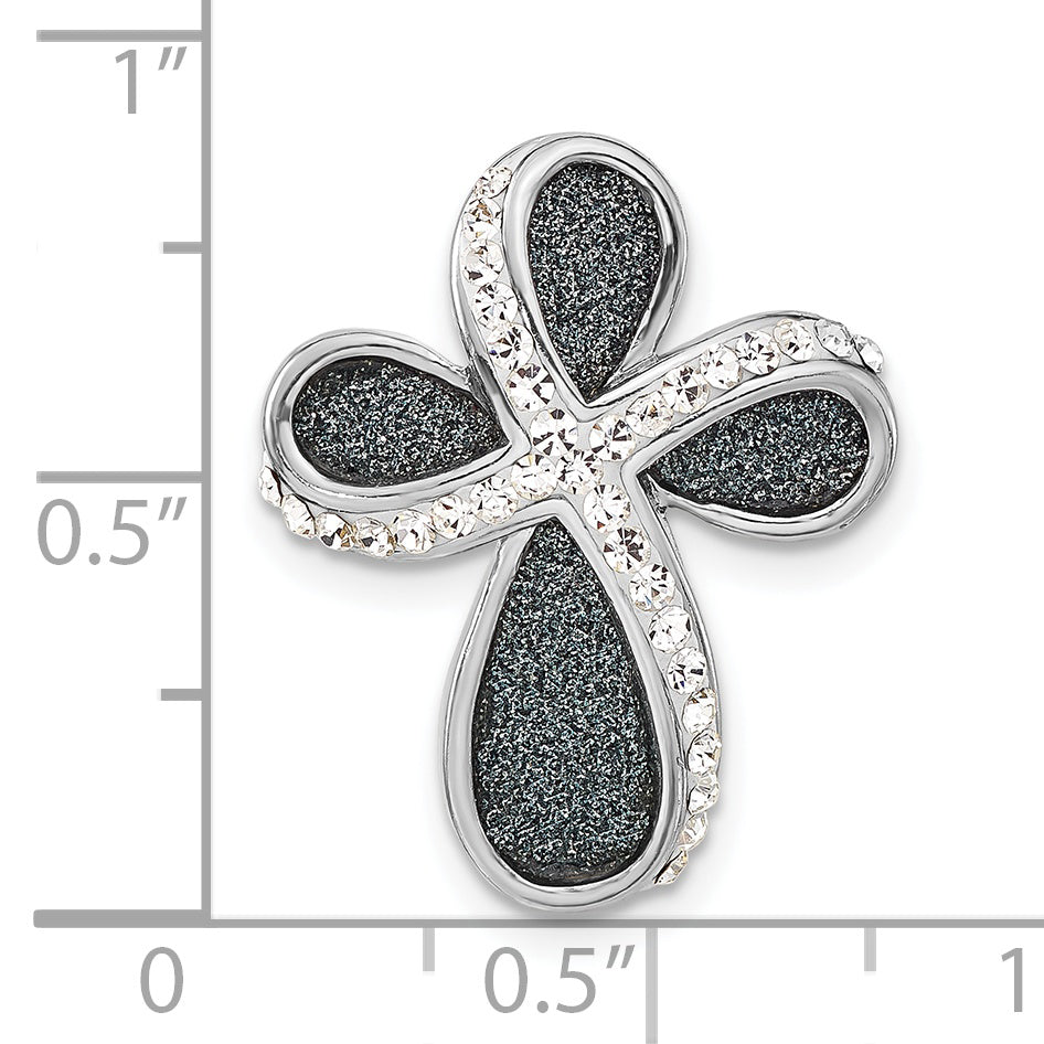 Sterling Silver Polished White Crystal & Blue Laser Glitter Texture Cross Pendant