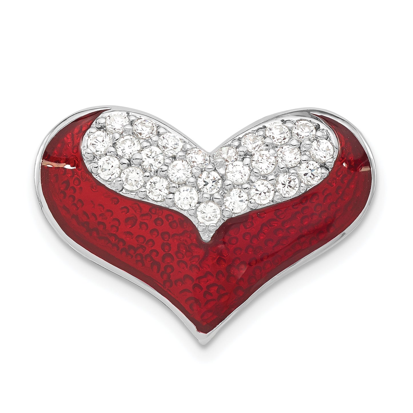 Sterling Silver Polished Red Enamel & Cz Heart Chain Slide Pendant