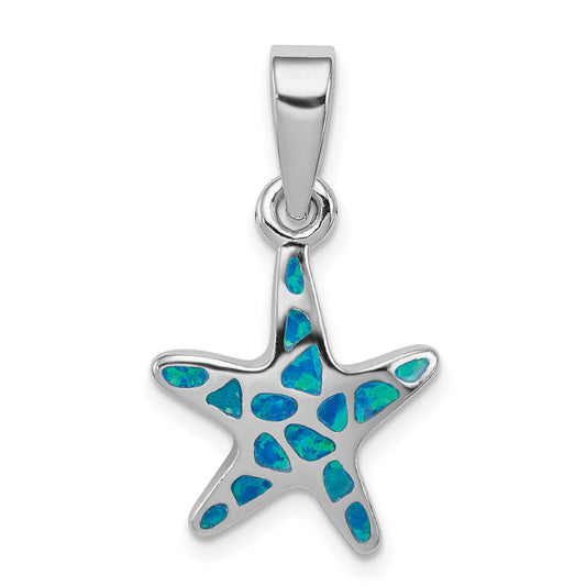 Sterling Silver Rhodium Created Blue Opal Starfish Pendant