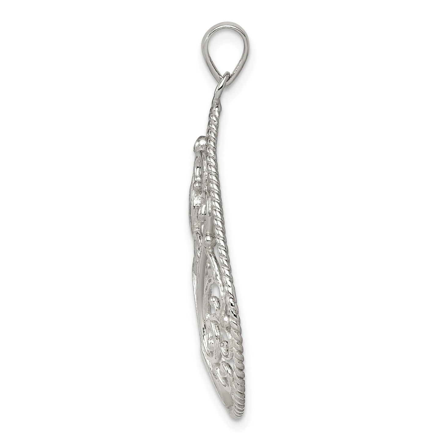 Sterling Silver Polished Filigree Diamond-Cut Teardrop Pendant