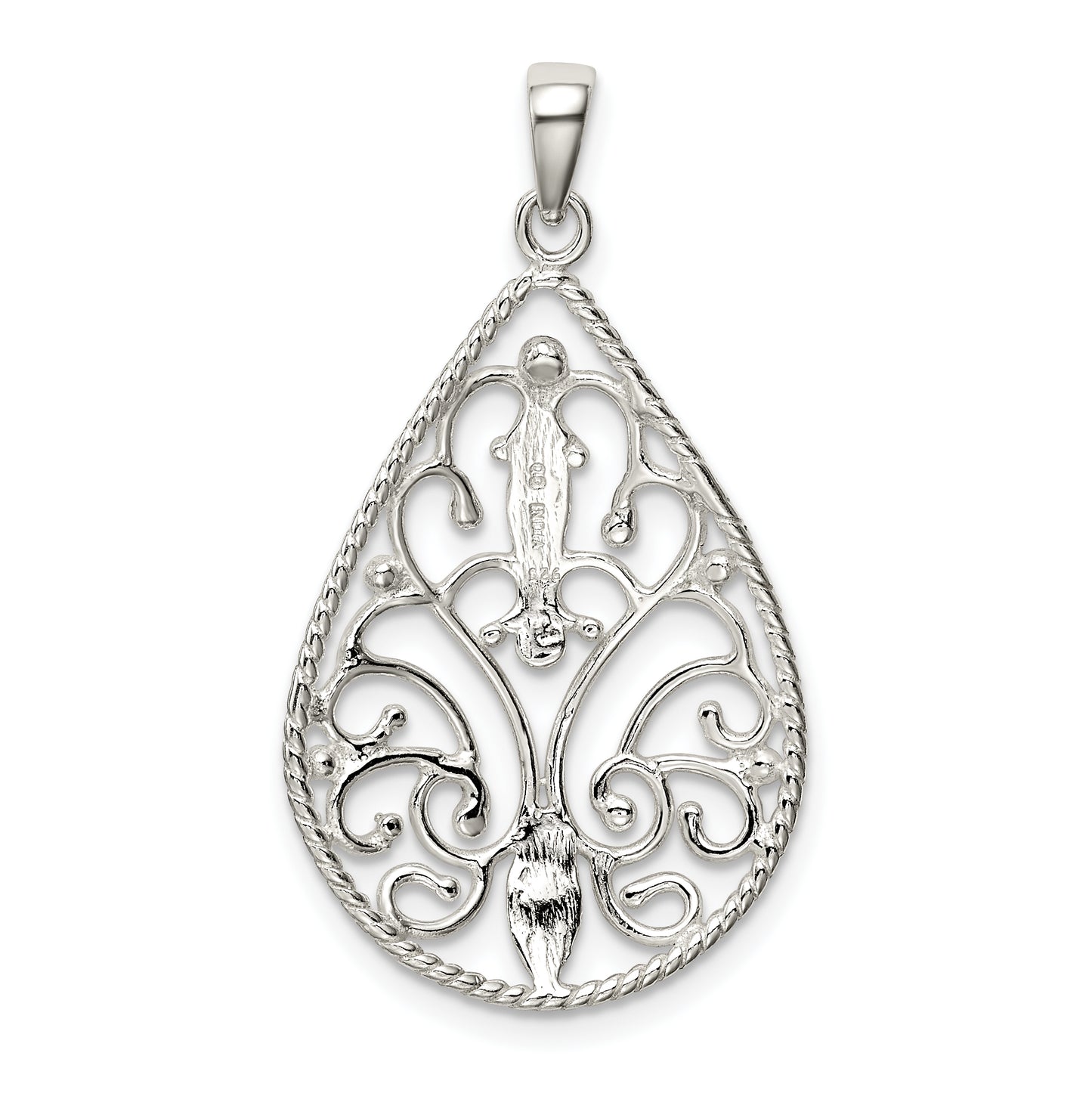 Sterling Silver Polished Filigree Diamond-Cut Teardrop Pendant