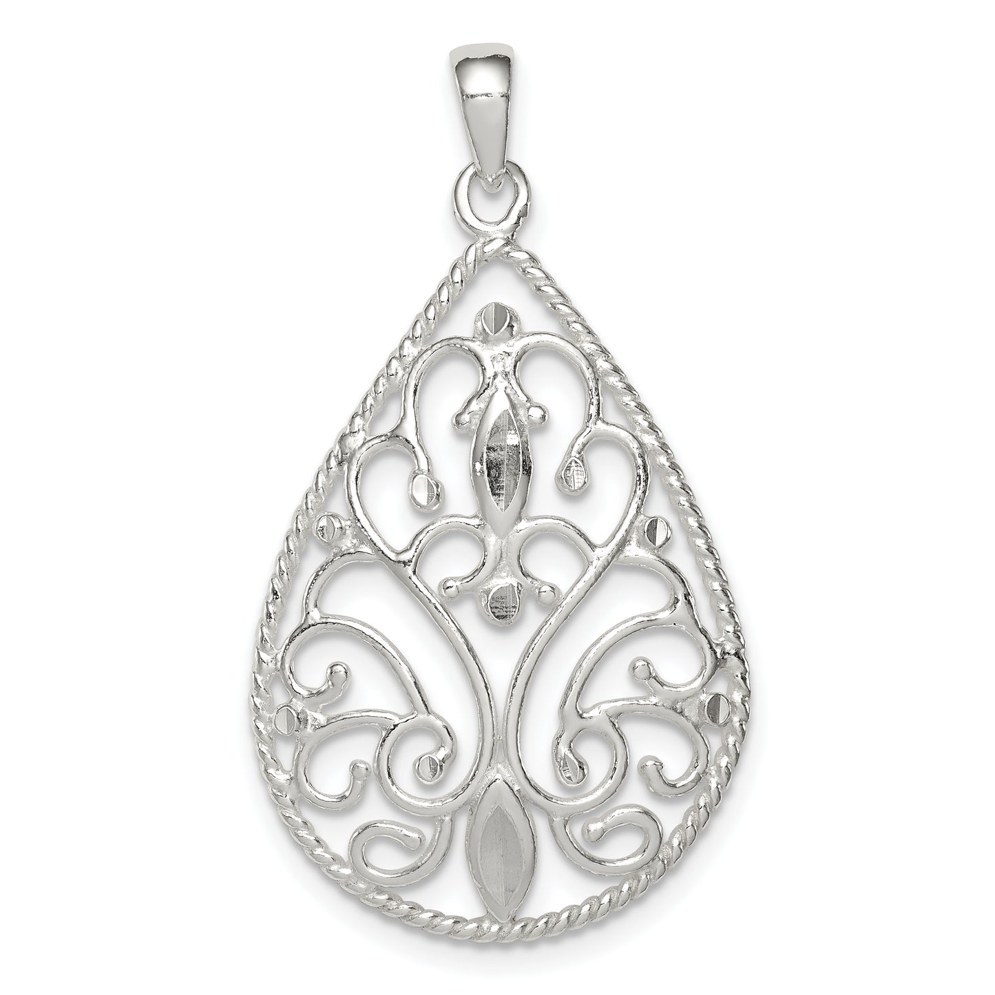 Sterling Silver Polished Filigree Diamond-Cut Teardrop Pendant