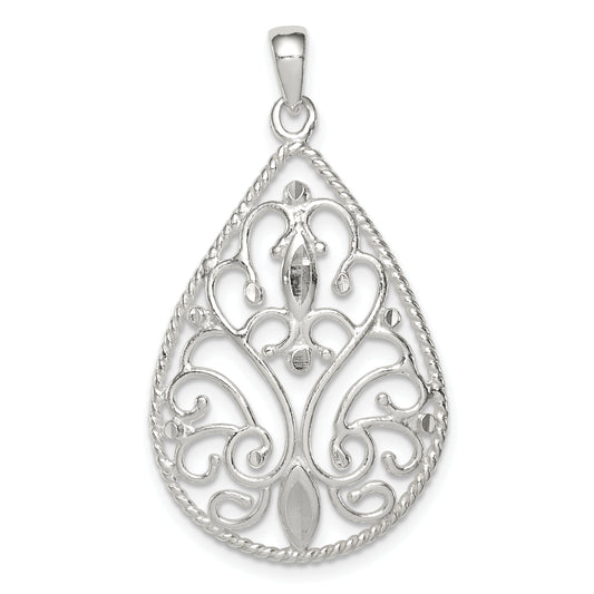 Sterling Silver Polished Filigree Diamond-Cut Teardrop Pendant