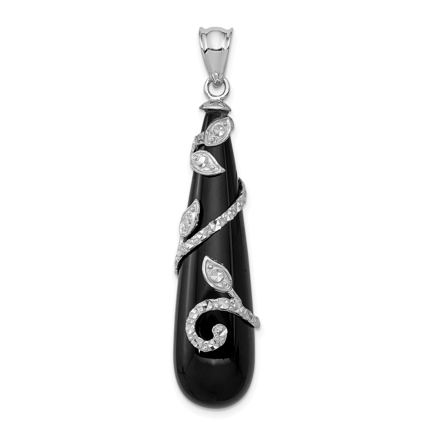 Sterling Silver Rhodium-Plated Filigree Diamond Cut Vine Wrap Onyx Teardrop Dangle Pendant