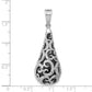 Sterling Silver Rhodium-Plated Filigree Diamond Cut Pattern Onyx Teardrop Dangle Pendant