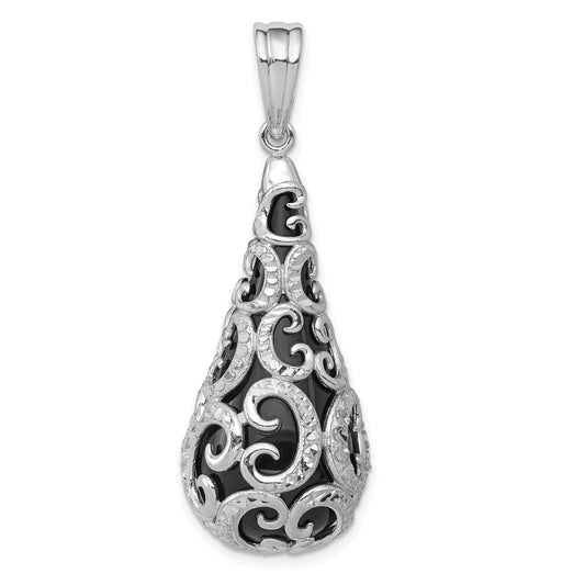 Sterling Silver Rhodium-Plated Filigree Diamond Cut Pattern Onyx Teardrop Dangle Pendant