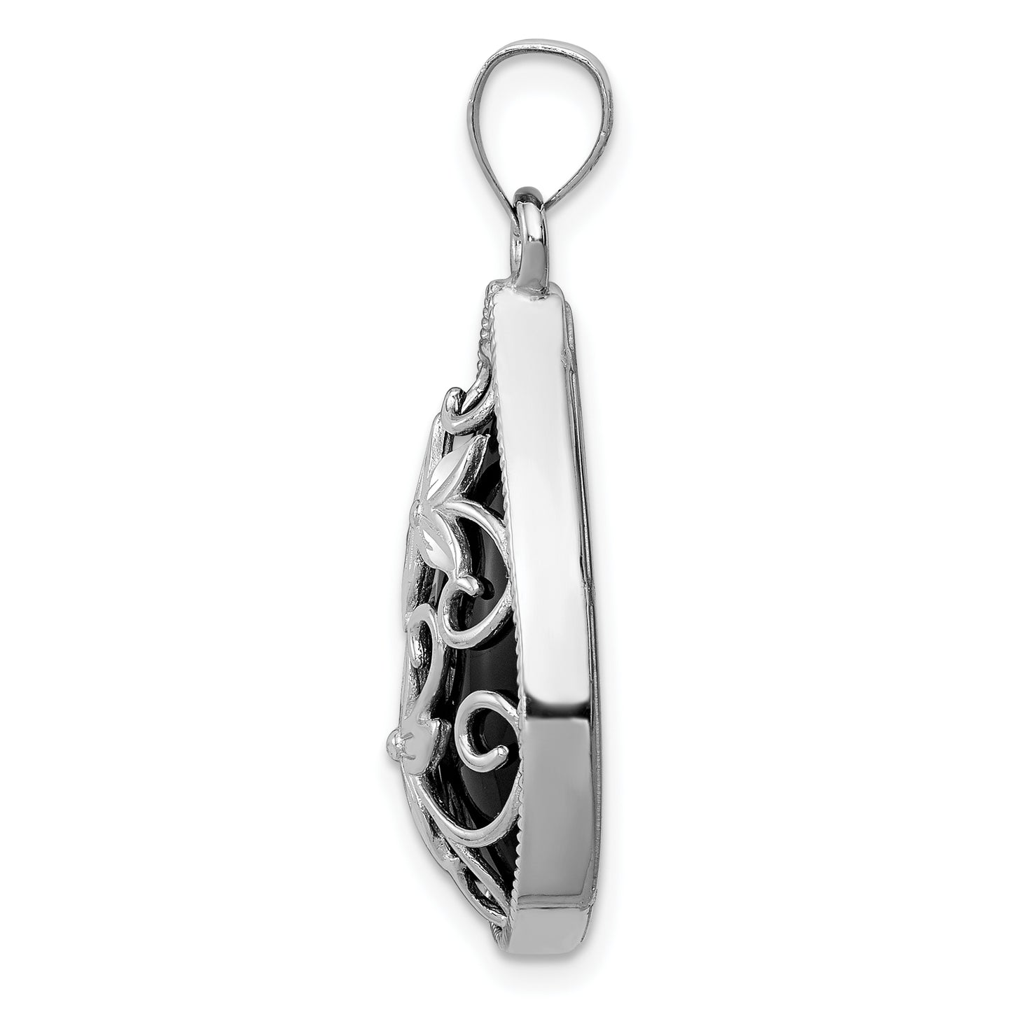 Sterling Silver Rhodium-Plated Filigree Floral Diamond Cut Onyx Teardrop Dangle Pendant