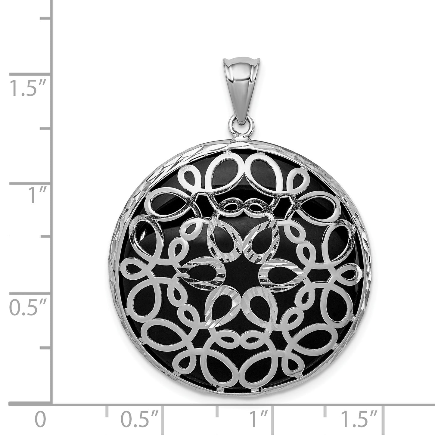 Sterling Silver Rhodium-Plated Filigree Diamond Cut Onyx Circle Dangle Pendant