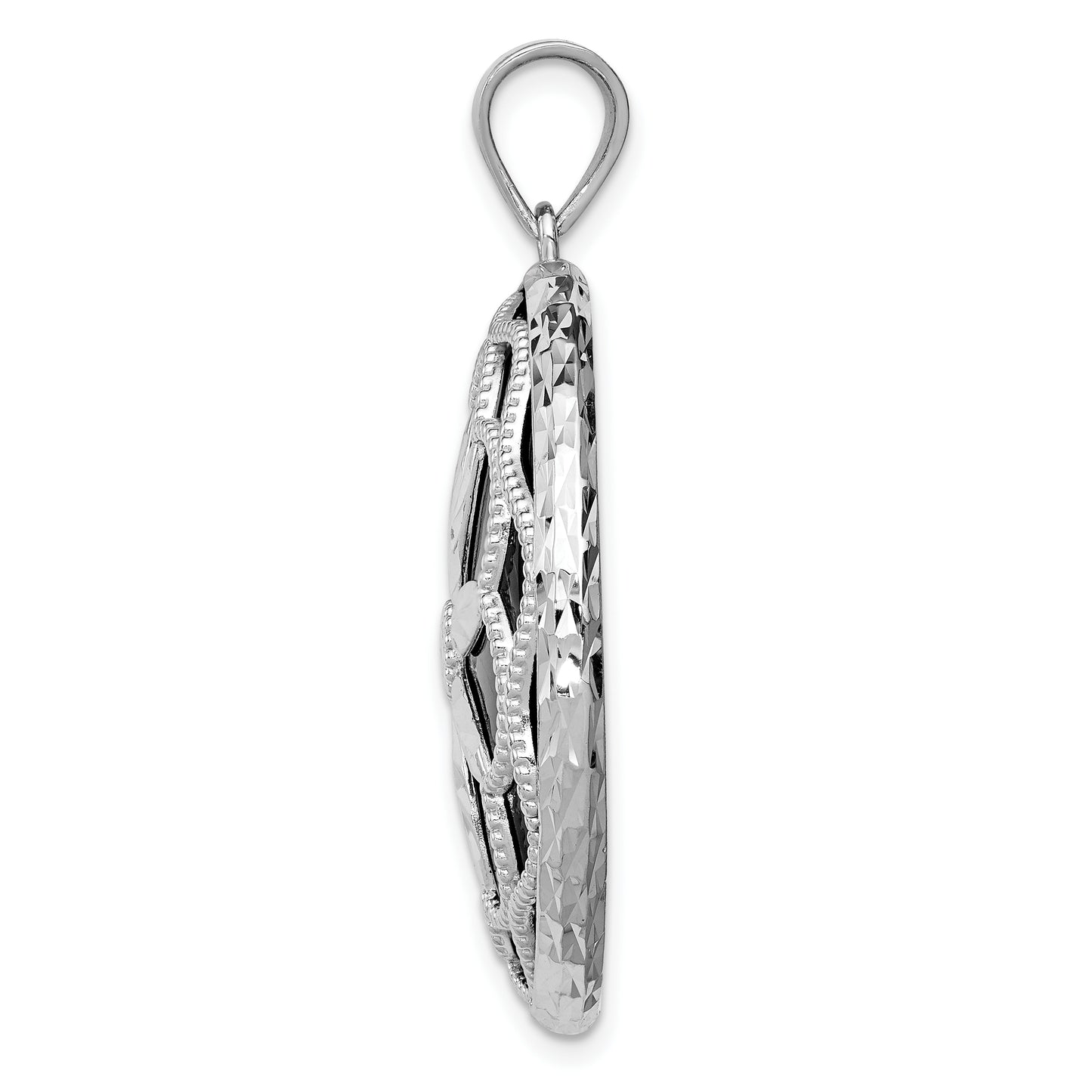 Sterling Silver Rhodium-Plated Filigree Diamond Cut Starburst Onyx Circle Dangle Pendant