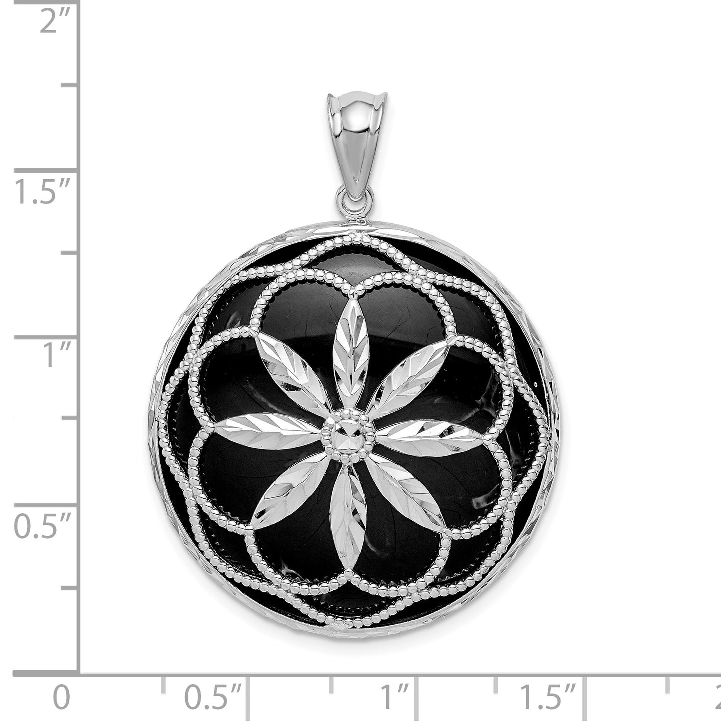 Sterling Silver Rhodium-Plated Filigree Diamond Cut Starburst Onyx Circle Dangle Pendant