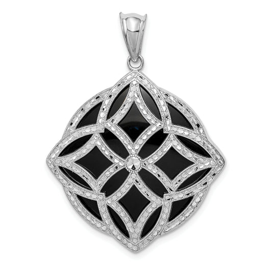 Sterling Silver Rhodium-Plated Fancy Diamond Cut Onyx Pendant