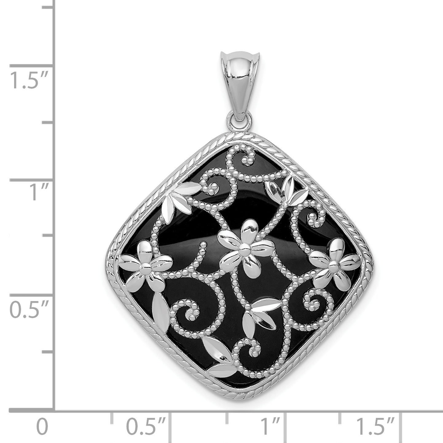 Sterling Silver Rhodium-Plated Filigree Floral Diamond Cut Onyx Shape Dangle Pendant