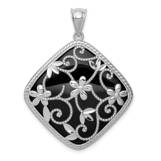 Sterling Silver Rhodium-Plated Filigree Floral Diamond Cut Onyx Shape Dangle Pendant