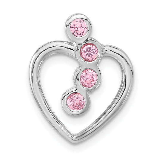 Sterling Silver Polished Pink Cz Heart Chain Slide Pendant