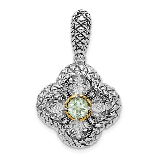 Silver/14K Two-Tone Sterling Silver Rhod. W/14K Gold Accent Qrtz & Cz Filigree Clover Pendant