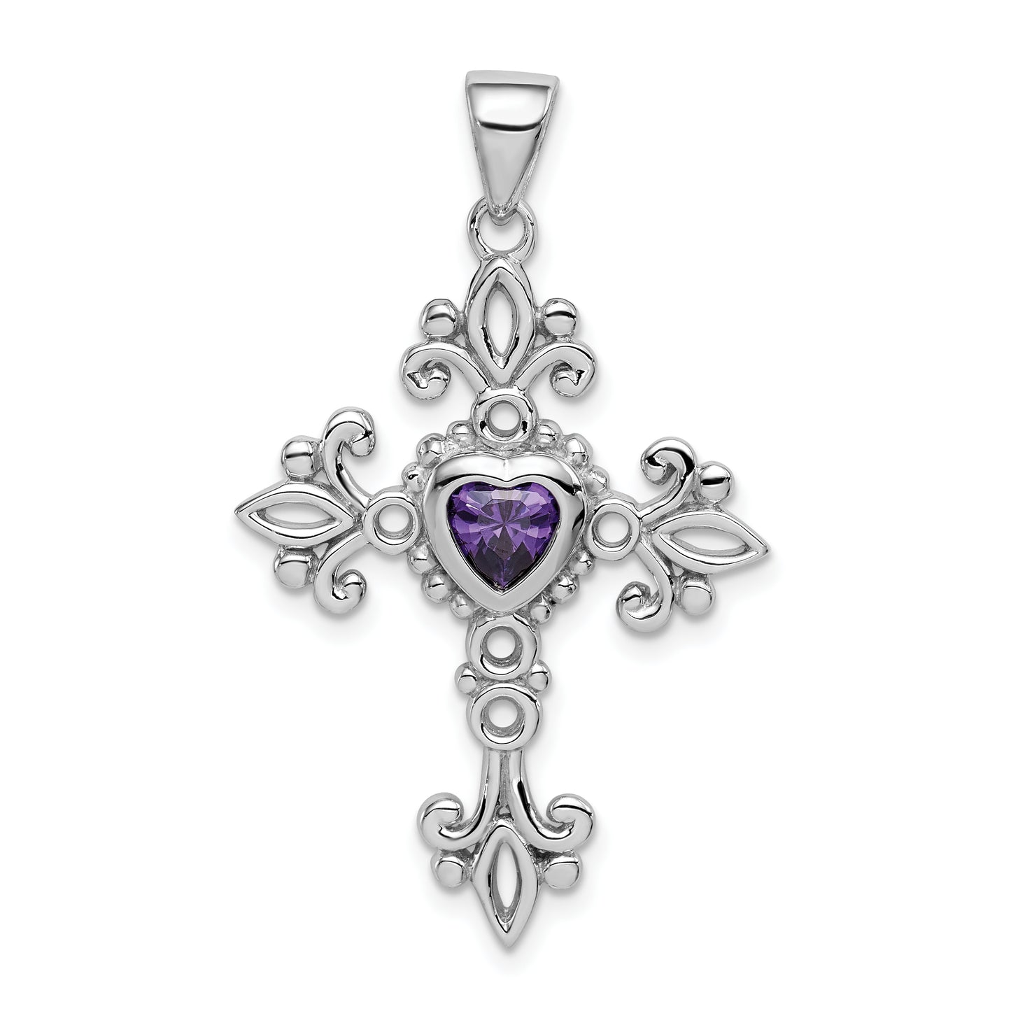 Sterling Silver Rhodium-Plated Amethyst Cross Pendant