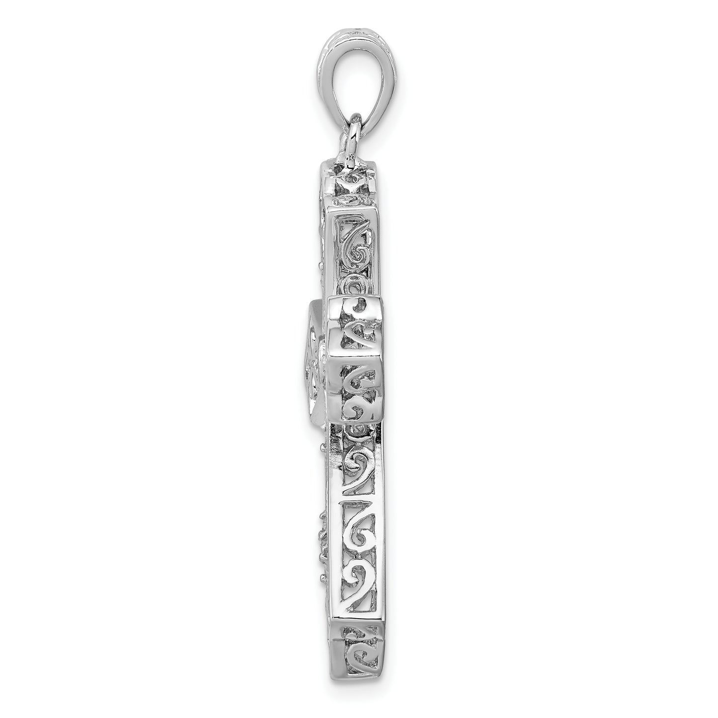 Sterling Silver Rhodium & Diam. Filigree Cross Pendant