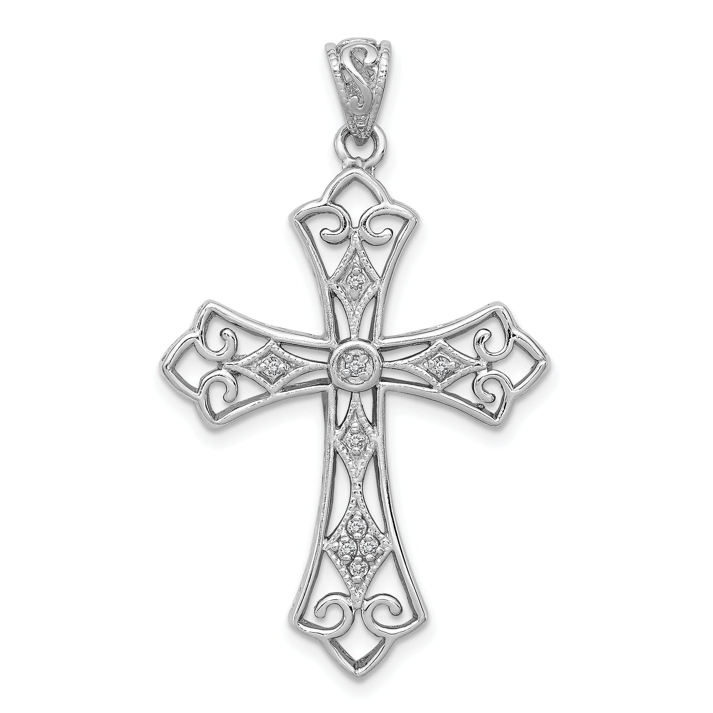 Sterling Silver Rhodium & Diam. Filigree Cross Pendant