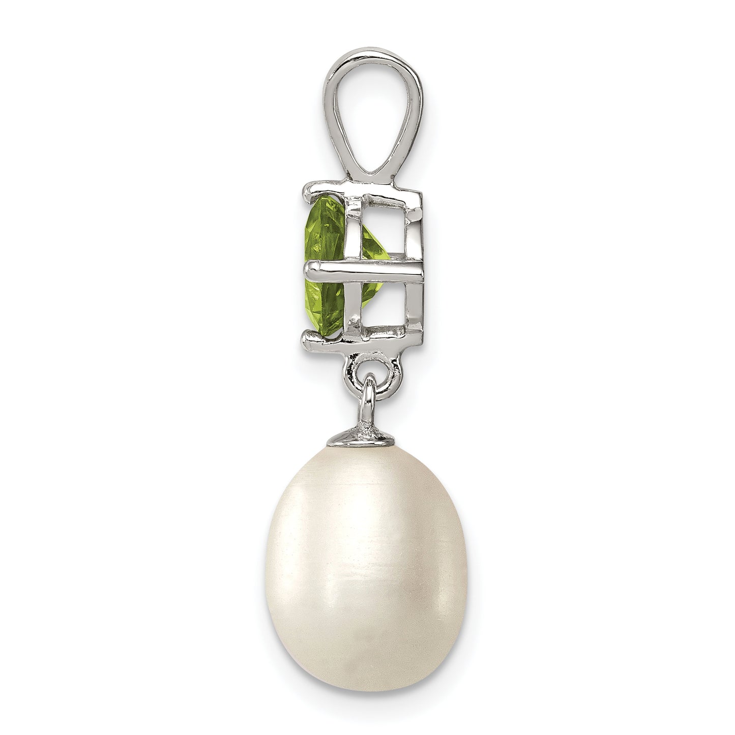 Sterling Silver Rhodium-Plated Peridot 8-9mm Fwc Pearl Teardrop Pendant