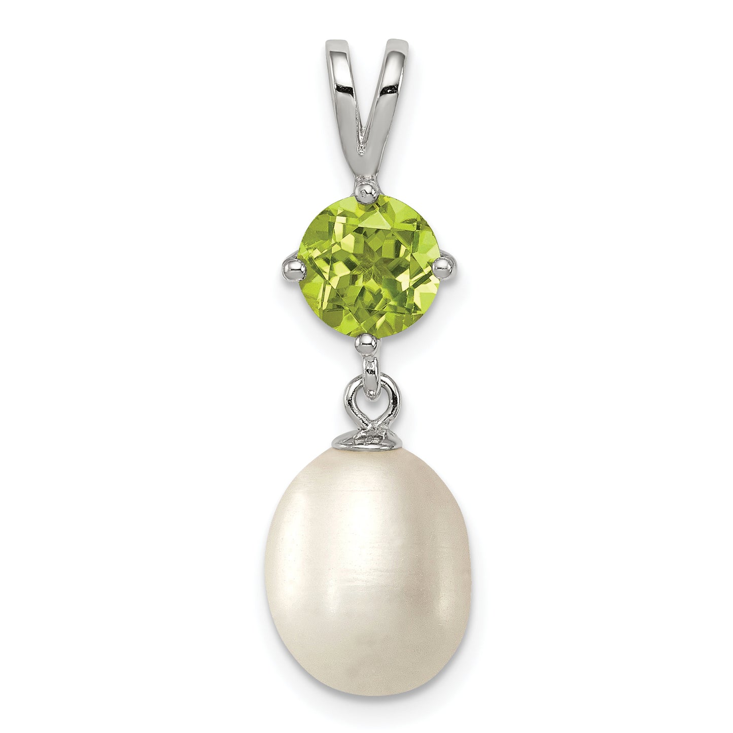 Sterling Silver Rhodium-Plated Peridot 8-9mm Fwc Pearl Teardrop Pendant