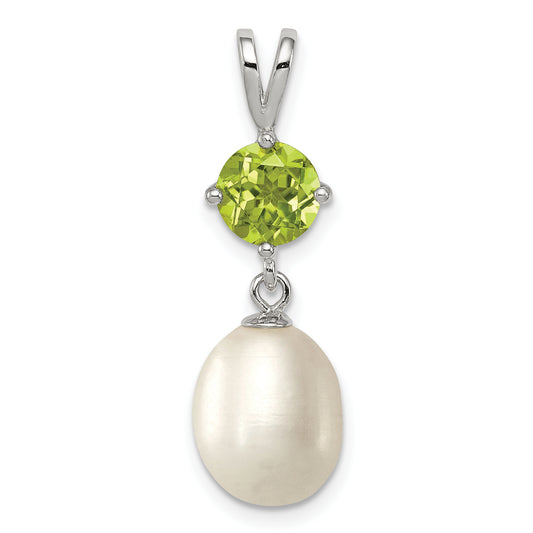 Sterling Silver Rhodium-Plated Peridot 8-9mm Fwc Pearl Teardrop Pendant