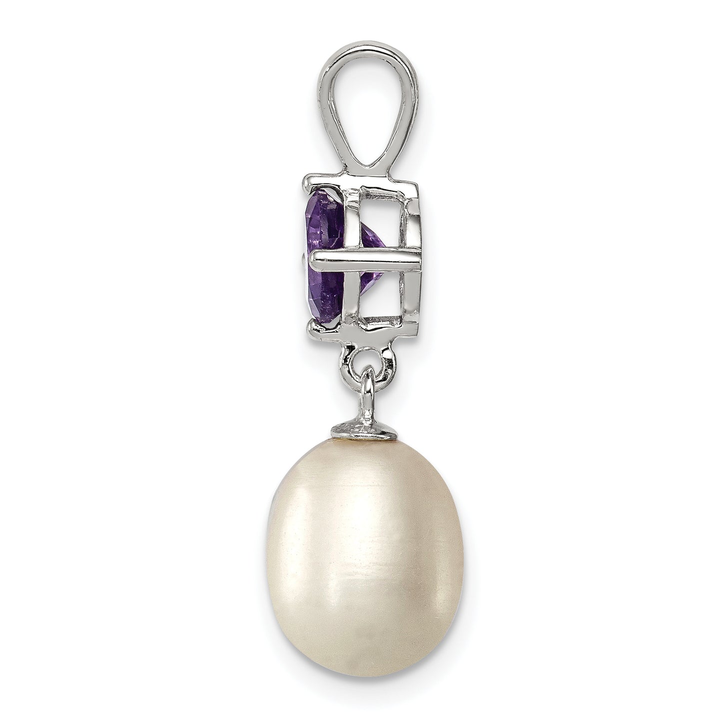 Sterling Silver Rhodium-Plated Amethyst 8-9mm Fwc Pearl Teardrop Pendant