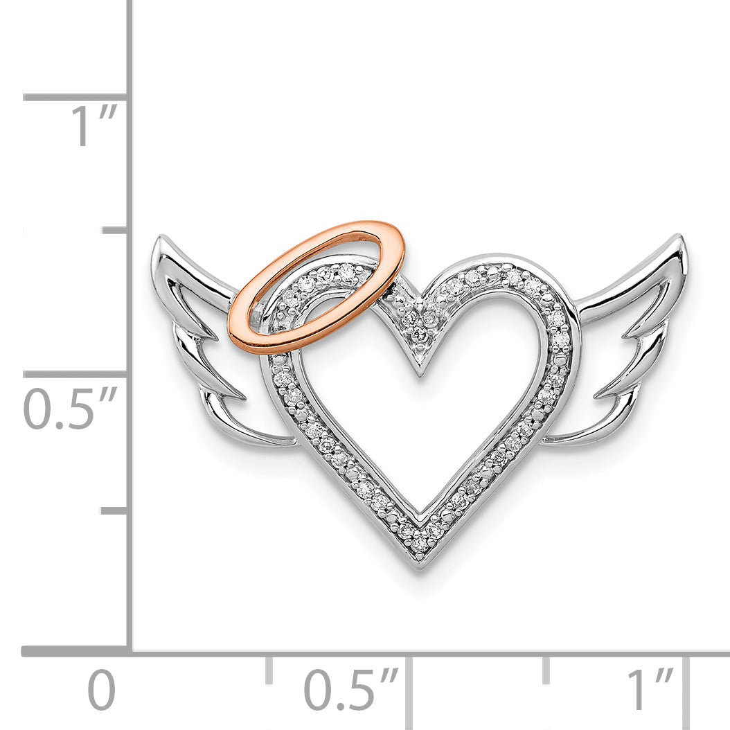 Sterling Silver Rhodium W/10K Rose Gold Dia. Heart/Wings Slide Pendant