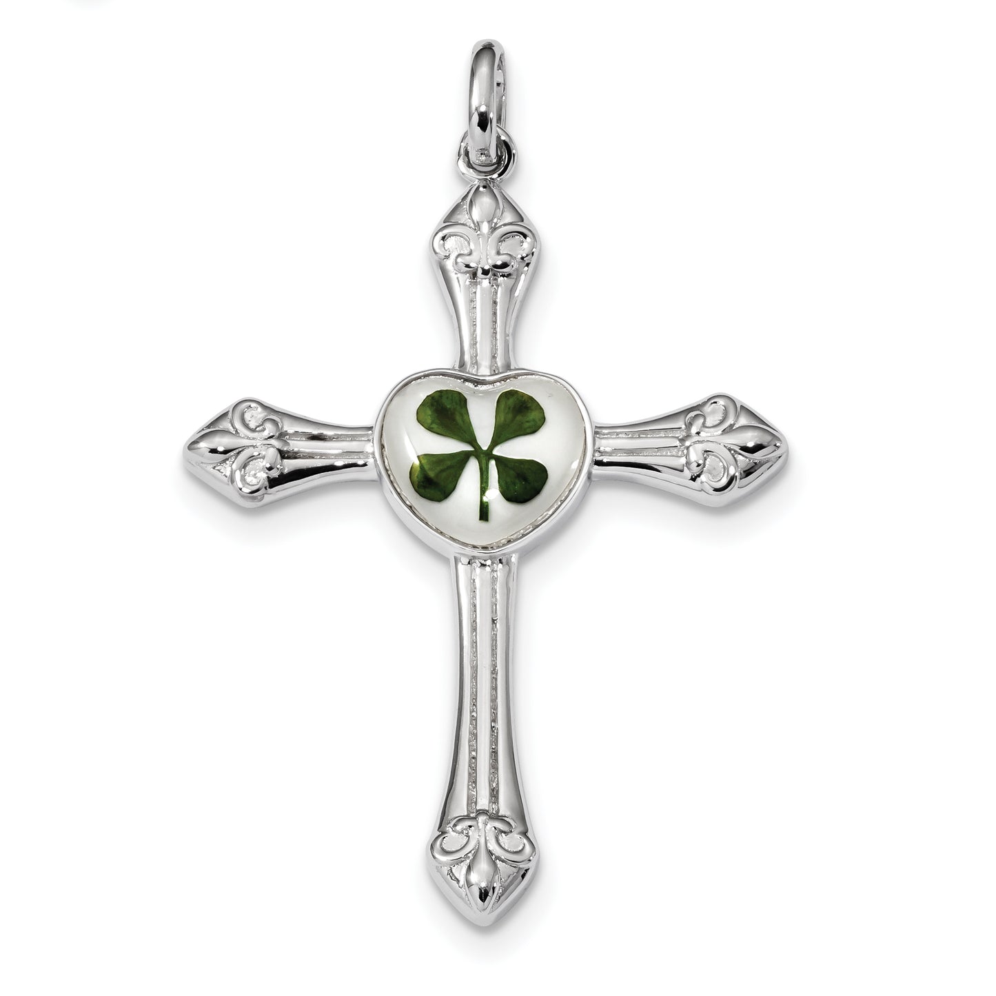 Sterling Silver Plat. Plated Real Clover Epoxy & Shell Cross Pendant