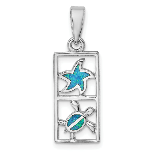 Sterling Silver Rhodium-Plated Polished Blue Created Opal Starfish And Turtle Rectangle Pendant