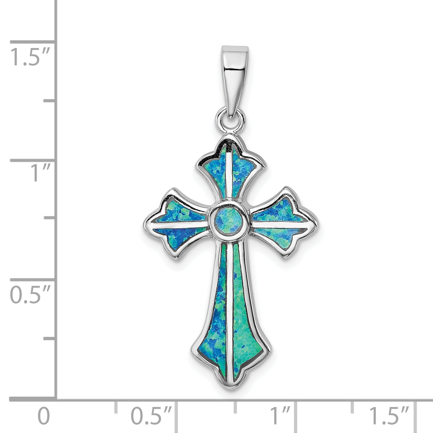 Sterling Silver Rhodium-Plated Blue Inlay Created Opal Cross Pendant