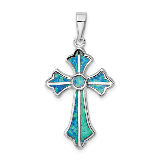 Sterling Silver Rhodium-Plated Blue Inlay Created Opal Cross Pendant