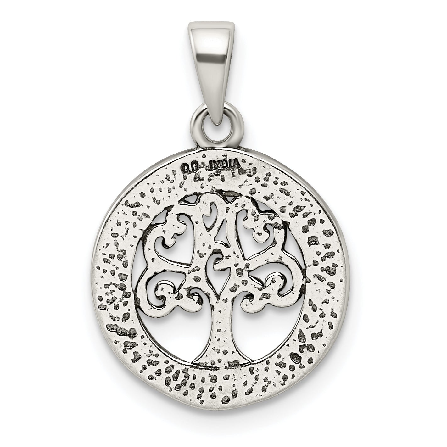 Sterling Silver Antiqued Enamel Glitter Tree In Circle Pendant