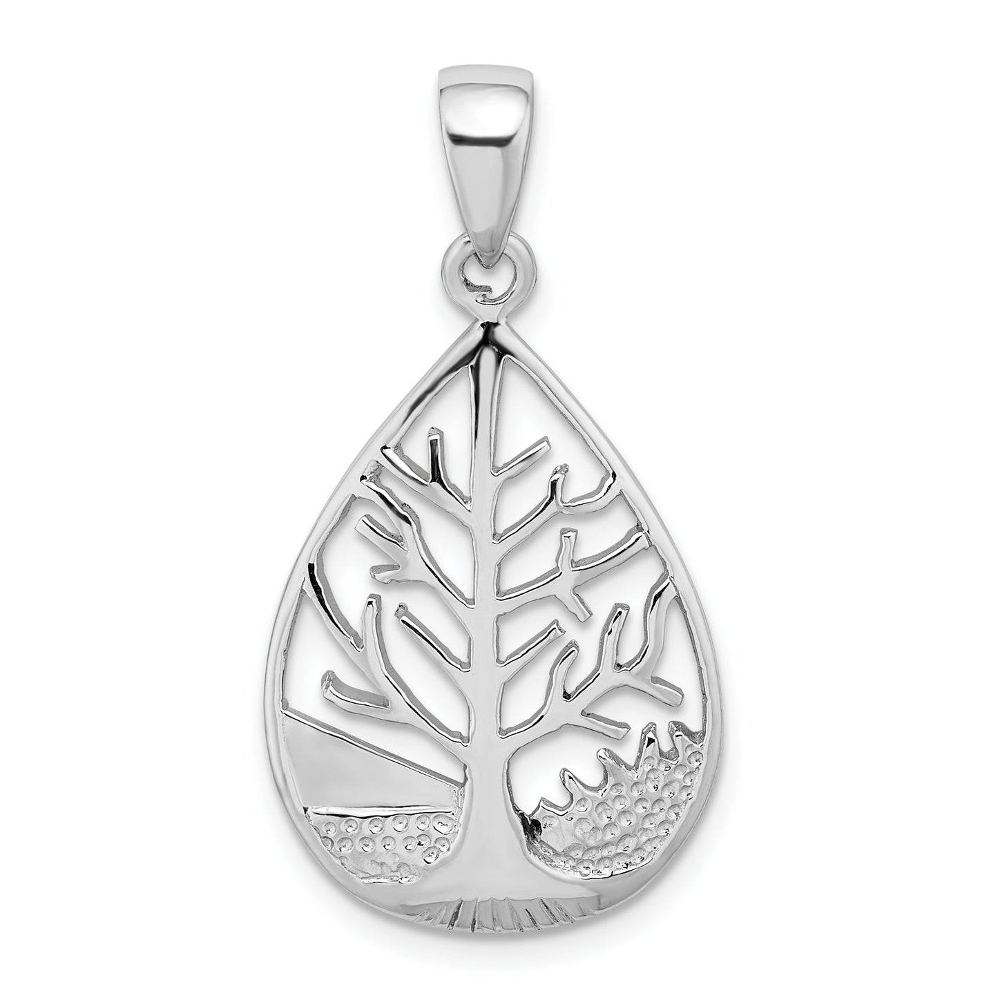 Sterling Silver Rhodium-Plated Polished Tree Teardrop Pendant