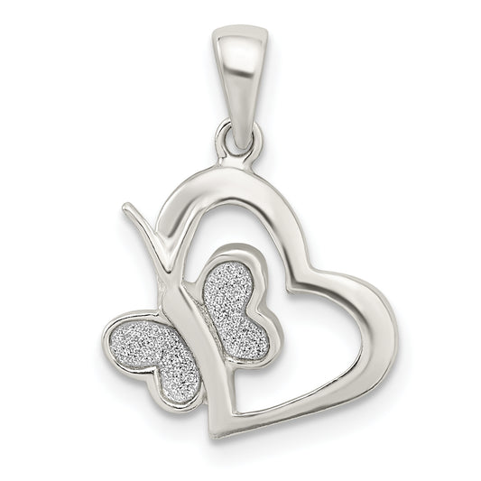 Sterling Silver Polished Glitter Enamel Heart W/Butterfly Pendant