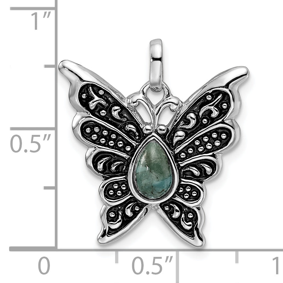 Sterling Silver Rhodium/Oxidized Reconstituted Turquoise Butterfly Pendant