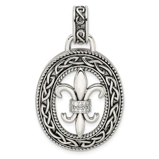 Sterling Silver Cz Antiqued Filigree Fleur De Lis Pendant