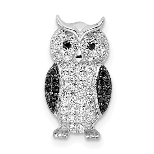 Sterling Silver Rhodium-Plated Polished Black And White Cz Owl Slide Pendant