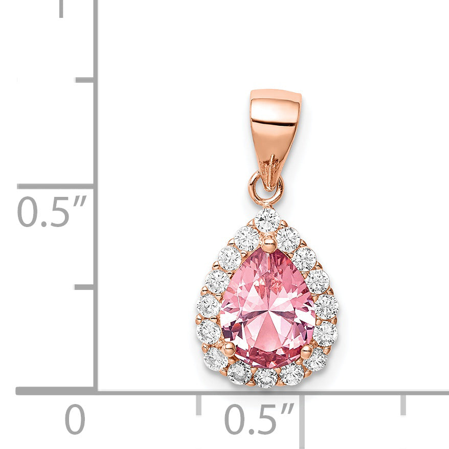 Sterling Silver Rose-Tone Pink Crystal Center And Cz Teardrop Pendant