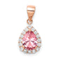 Sterling Silver Rose-Tone Pink Crystal Center And Cz Teardrop Pendant