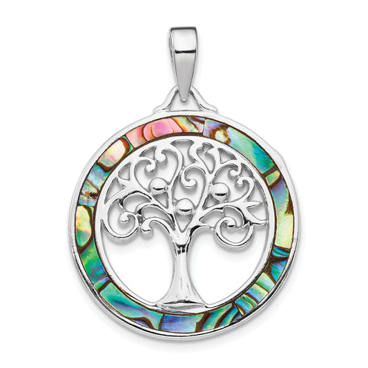 Sterling Silver Rhodium-Plated Abalone Circle W/Tree Of Life Pendant