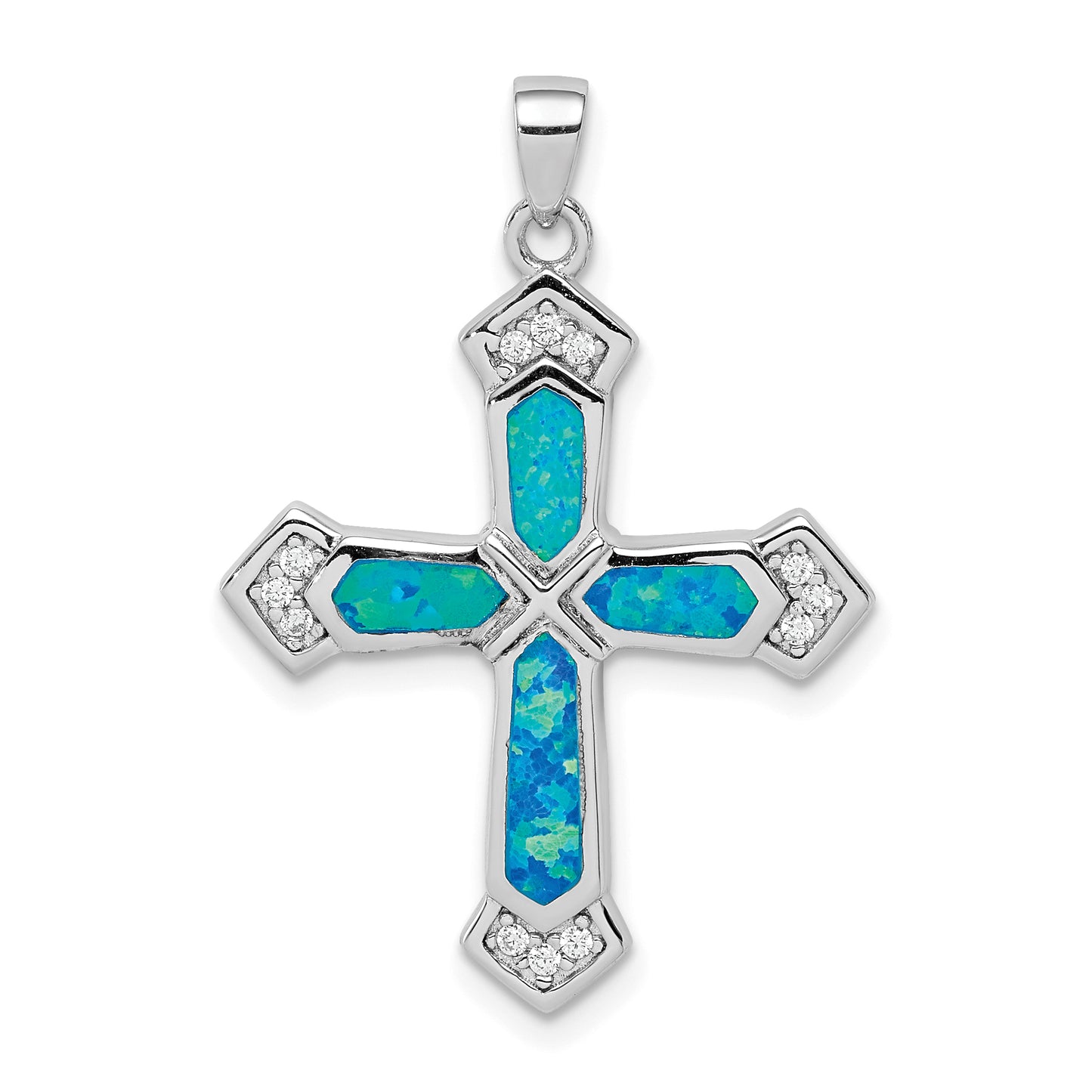 Sterling Silver Rhodium-Plated Created Opal Cross Cz Pendant