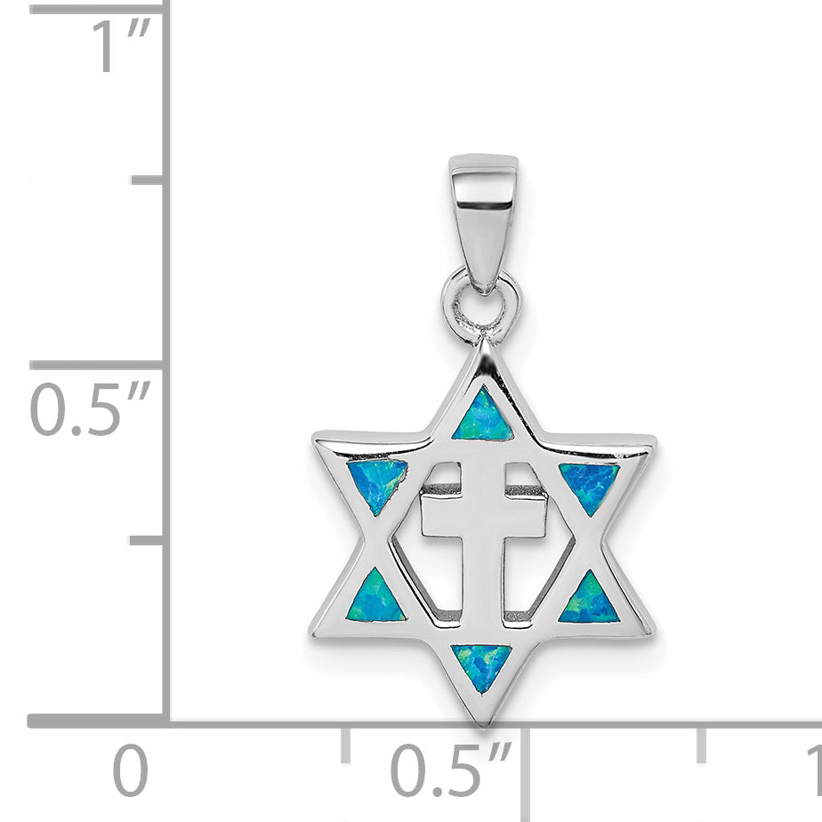 Sterling Silver Rhodium-Plated Star Of David Created Opal Cz Pendant