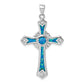 Sterling Silver Rhodium-Plated Lab Created Blue Opal And Clear Cz Cross Pendant