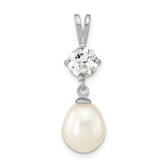 Sterling Silver Rhod-Plated White Topaz 8-10mm Teardrop Fwc Pearl Pendant