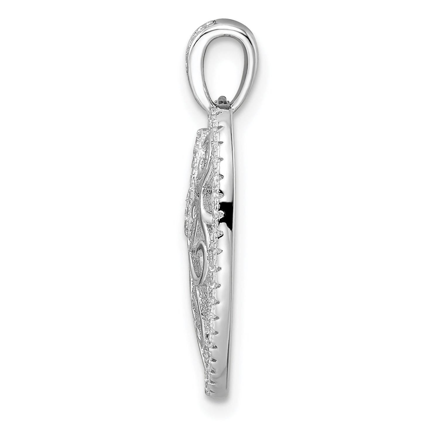 Sterling Silver Rhodium-Plated Cz Filigree Leaf Pendant